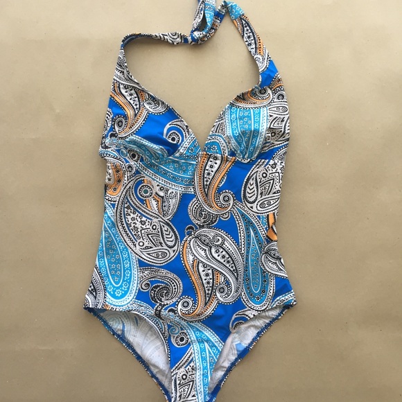 One Piece Swimsuit Halter Blue Paisley Sz 10 - Picture 3 of 8